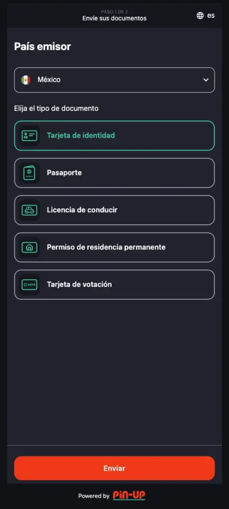 ventana de verificación KYC Pin Up