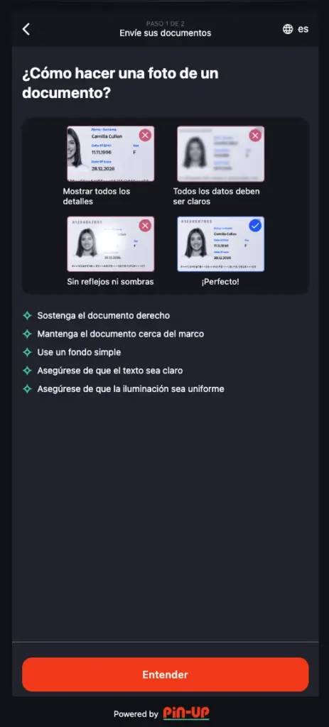 ventana de verificación KYC Pin Up